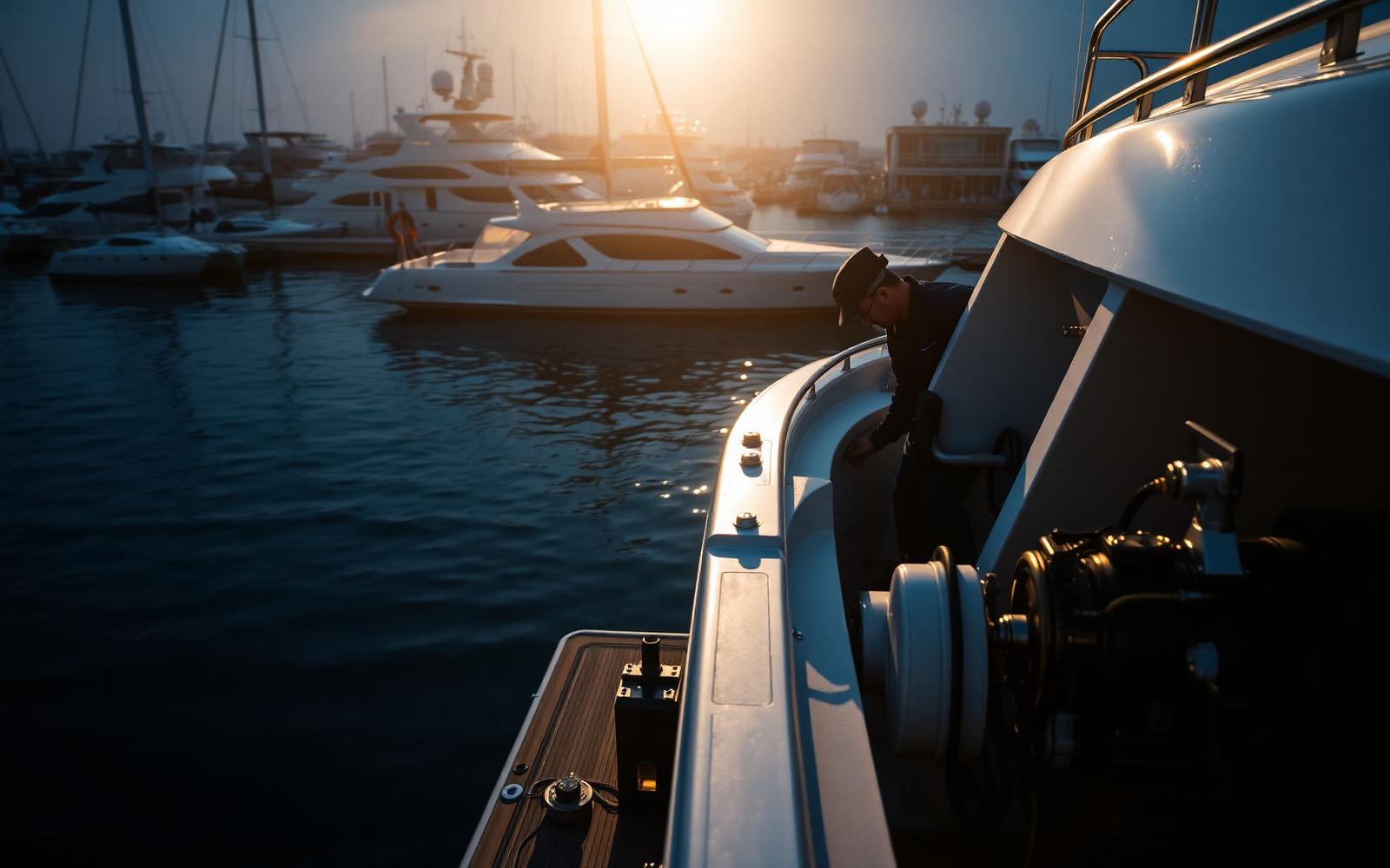 Marine technician servicing a yacht at a sunlit marina dock